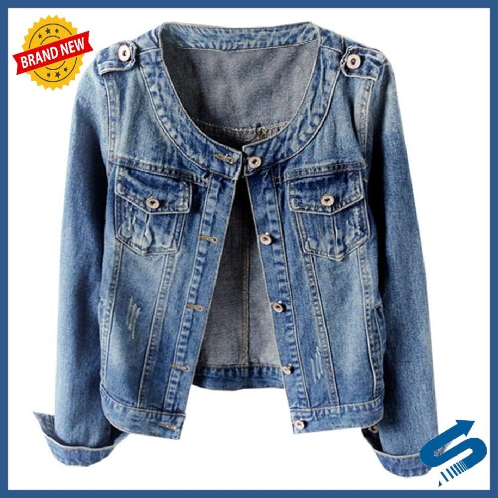 Women's Denim Jacket Button Down Collarless Long Sleeve Washed Jean